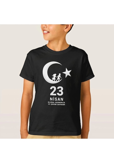 Çocuk 23 Nisan Ulusal Egemenlik Ve Çocuk Bayramı Baskılı Bisiklet Yaka T-shirt - Siyah Çok Renkli