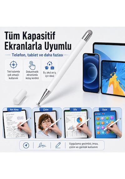 Honor Pad 9 İle Uyumlu Çift Uçlu Dokunmatik Kalem Disk Fiber Uç Beyaz