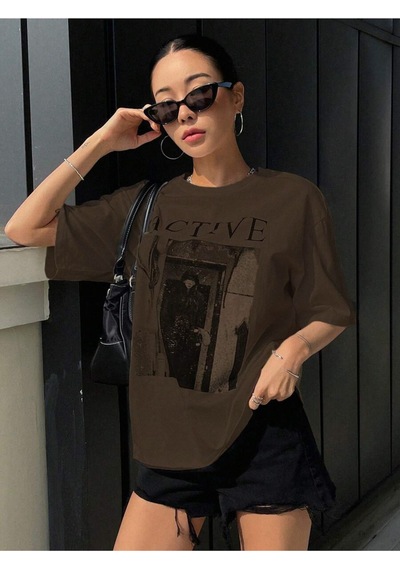 Uyguntarz Unisex Active Baskılı Tasarım Tshirt Kahverengi