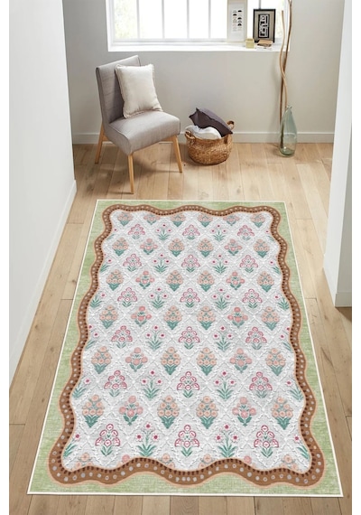 Floral Desen Çerçeveli Baskılı Kaymaz Yıkanabilir Salon Oturma Odası Mutfak Antre Halısı Yolluk Yeşil