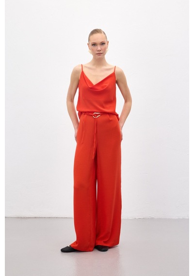 Sateen Kemerli Salaş Pantolon - Oranj-136698 Oranj