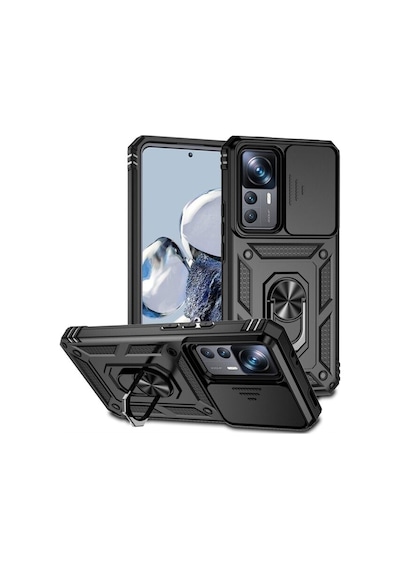 Fibaks Mi 12t/mi 12t Pro Uyumlu Kılıf Kamera Korumalı Sürgülü Yüzüklü Armor Military Tank Siyah