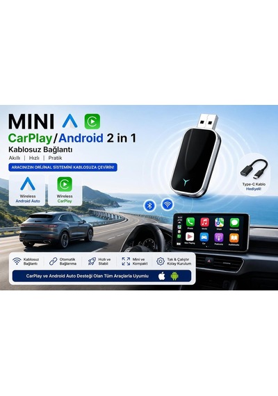 Tr Kablosuz Carplay Android Auto Adaptörü Mini 2'si 1 Arada Wireless Usb Dönüştürücü Type-c Otg Destekli Tak Ça
