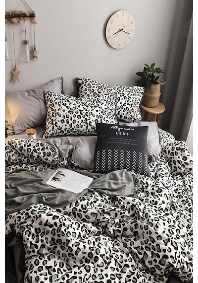 İqon Leopar Premium Cotton 64S Lastikli Çarşaflı Çift Kişilik Nevresim Takımı Siyah