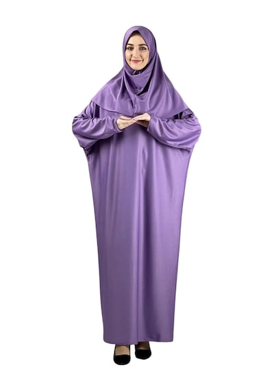 Modish Group Namaz Elbisesi Eşarp Seccade Tesbih Set, İslami Giyim Takım Ferace Turban Şal Lila