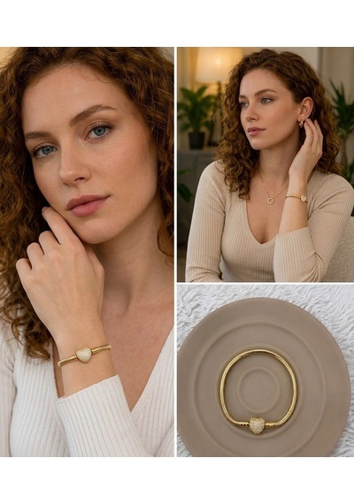 Premium Gold Renk Parlak Ve Modern Taş Detay Kalp Figür Zirkon Charm 316l Çelik Bileklik 18cm Altın