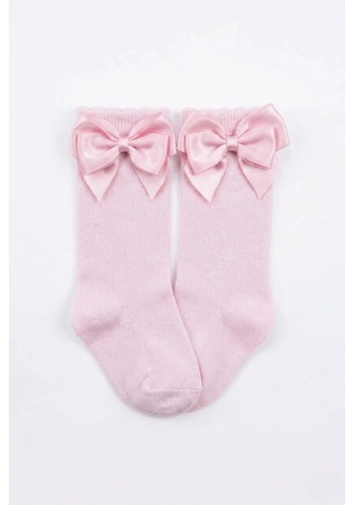 Cocole Socks Kız Çocuk Aksesuarlı Dizaltı Çorabı Tekli Pamuklu Düz Pembe Fiyonklu