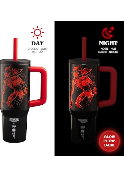 Lexroo Stranger Things Saplı Termos Bardak Pipetli Kapak - Karanlıkta Parlayan - 900 Ml Çok Renkli