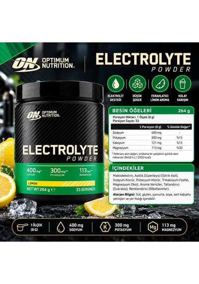 Optimum Nutrition Electrolyte Powder Sodium & Magnesium & Potassium Lemon 264g 33 Servings Aromalı