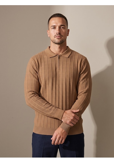 Maccali Erkek Camel Fitil Detaylı Fermuarlı Polo Yaka Triko Sweatshirt