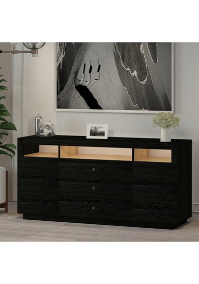 K003 Asil Led Işıklı, Dolaplı Ve Çekmeceli Konsol Ahşap Siyah Ahşap Siyah