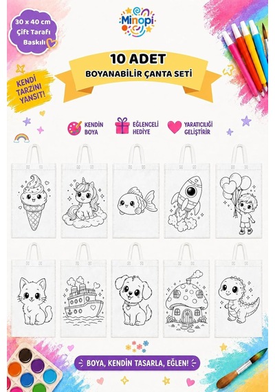 10&apos Lu Boyanabilir Bez Çanta Seti 30x40 Cm Çift Taraflı Baskılı Çocuk Aktivite Çantası