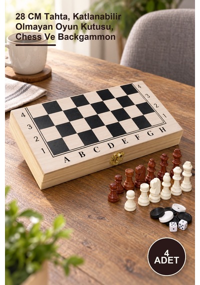 4 Adet Ahşap Kutulu Satranç Ve Tavla Seti 28 Cm Tahta, Katlanabilir Olmayan Oyun Kutusu, Chess Ve Backgammon