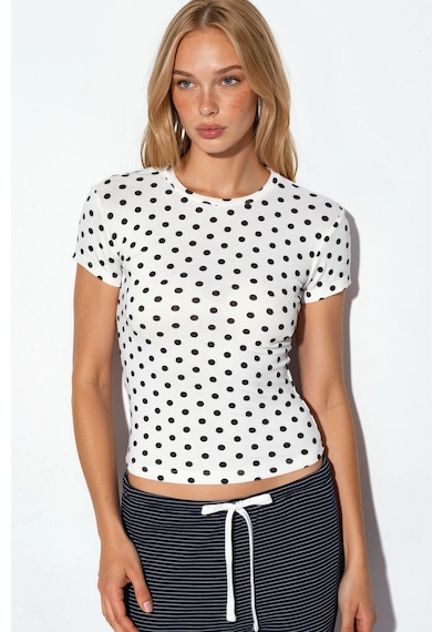 Hiccup Bdart Kadın Puantiyeli Slim Fit Bisiklet Yaka Tişört Tozlu Beyaz