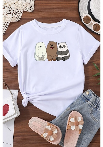 Uyguntarz Çocuk Kafadar Ayılar Baskılı Pamuklu Tshirt Beyaz