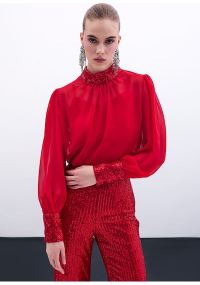Sateen Payet Detaylı Bluz - Kırmızı-135855 Kırmızı Sateen Payet Detaylı Bluz - Kırmızı-135855 Kırmızı