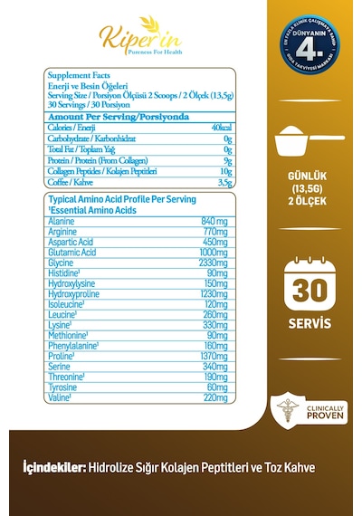 Kiperin Coffee Collagen Kahveli Çift Hidrolize %100 Saf Ve Doğal Toz Kolajen Peptitler 30 Günlük