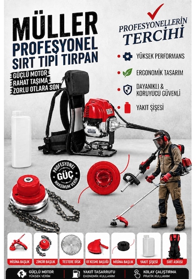Pro Müller Profesyonel Sırt Tipi Benzinli Tırpan Ot Çalı Çim Biçme Makinesi + Canavar Başlık