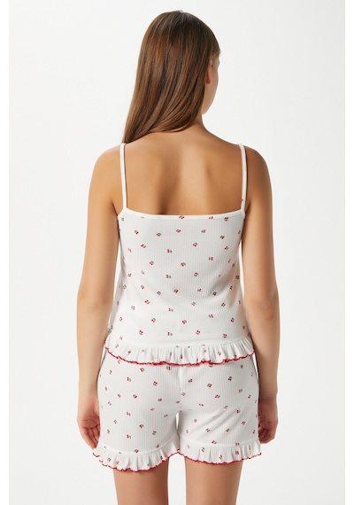 Ritnice Kadın Paula Kiraz Desen Fırfır Şortlu Pijama Takımı Kırmızıbeyaz