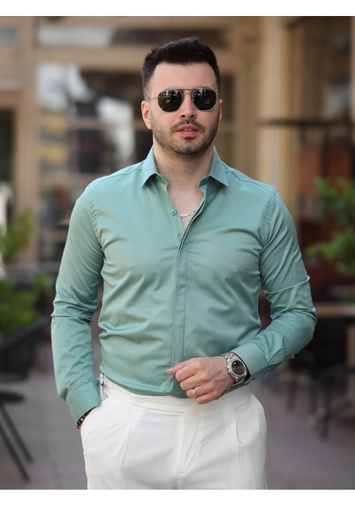 Süper Slim Fit Dar Kalıp Gizli Düğmeli Pamuk Saten Gömlek Mint