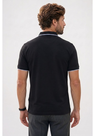 Tudors Erkek Regular Fit Klasik Kesim %100 Pamuk Kısa Kollu Çizgi Detaylı Siyah Polo Yaka Tişört-50849