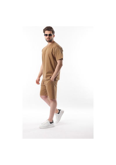 Madmext Kapüçino Overfit Baskılı Erkek Şort T-shirt Takım E7302 Kapuçino Sütlü Kahverengi
