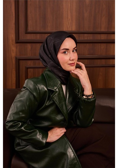 Silk Home Twill İpek Eşarp Koyu Yeşil Yeşil Yeşil Gri Desenli Tok Duruşlu 90x90 Çok Renkli