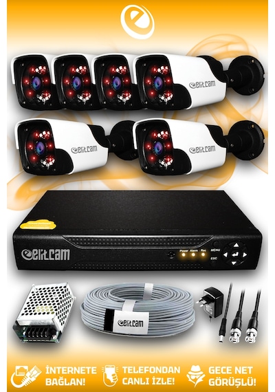 Elitcam 6 Kameralı Panda 6 Dış Kamera Set HDD'siz Full HD Gece Görüşlü Güvenlik Kamerası Sistemi