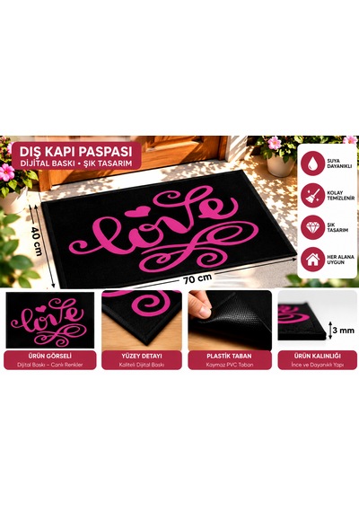 Kapı Önü Paspası 40x70 Cm Dekoratif Dijital Baskılı, Kaymaz Pvc Tabanlı, Dış Kapı Paspası Pembe
