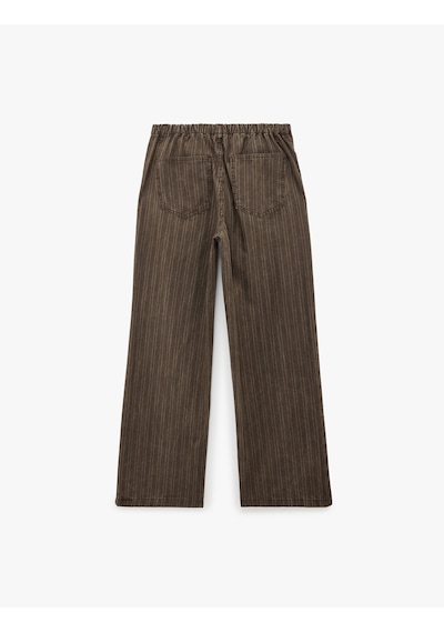 Koton Pamuklu Rahat Kalıp Beli Bağcıklı Çizgili Pantolon - Loose Straight Fit Jean Kahverengi Çizgili 6sal40148mw