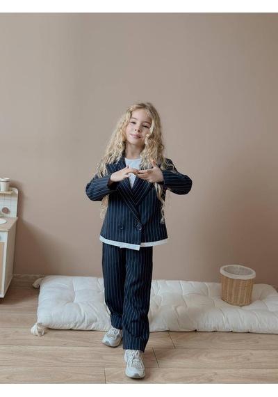 Miniko Kids Kız Çocuk Poliviskon Çizgili Blazer Ceket Pantolon Dokuma Kumaş Takım Lacivert