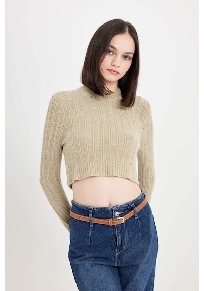 DeFacto Regular Fit Crop Bisiklet Yaka Örgü Delikli Triko Kazak C6321AX24WNGN270 Yeşil