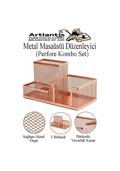 Masaüstü Metal Kalemlik Seti 3 Lü Kombo 1 Paket Fileli Perfore Renkli Kalemlik Kağıtlık Küpnotluk Düzenleyici Bakır