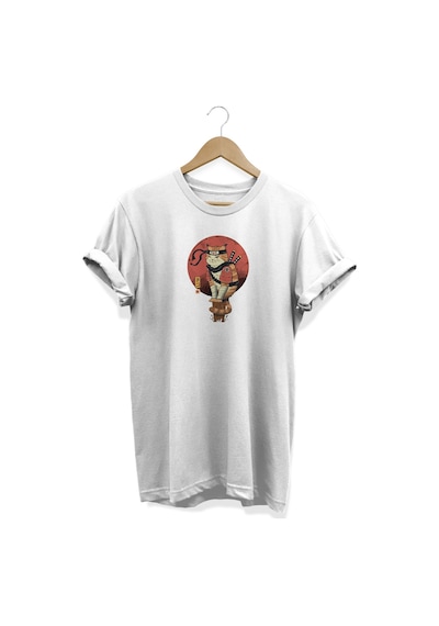 Samuray Kedi Baskılı Beyaz T-shirt Beyaz