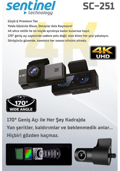 Sentinel Sc-251 Araç İçi Kamera 4k Uhd Wifi Çift Kameralı Dash Cam Arka Kamera Destekli
