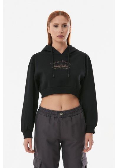 Fullamoda Baskılı Kapüşonlu Crop Sweatshirt- Siyah 24KGB890195453-Siyah
