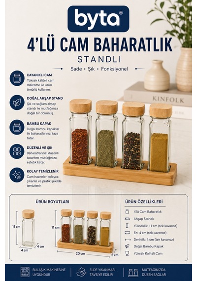 4'lü Cam Baharatlık Seti Ahşap Standlı Bambu Kapaklı Kare Cam Baharat Kavanozu Mutfak Düzenleyici Diğer