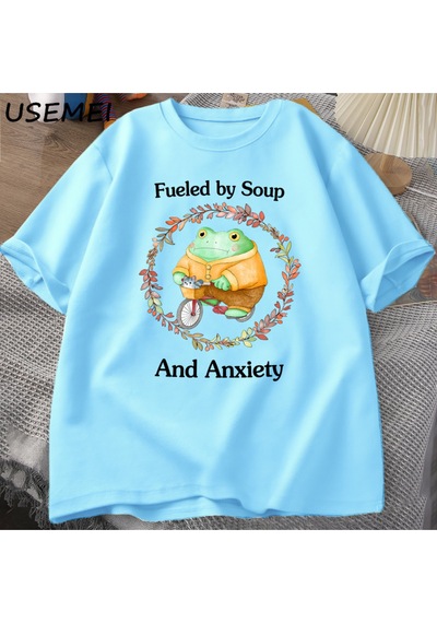 Flood Of Style Komik Kurbağa Grafik T-shirt Çorba Ve Anksiyete T Shirt Erkek Kadın Rahat Zihinsel Tshirt Mod Mavi