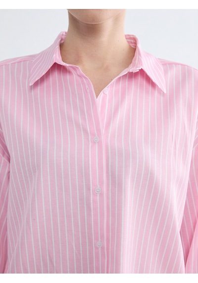 Lcw Modest Pembe Çizgili Poplin Kadın Gömlek