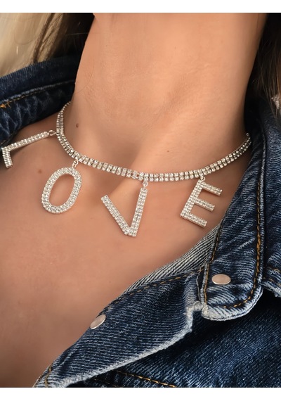 Love Aşk Kristal Taşlı Party Style Gümüş Renk Kolye Silver Çok Renkli