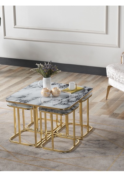 Pelikan 4+1 Beyaz Mermer Temperli Cam Gold Metal Ayak Takım Sehpa Sedaş Living Units Sehpa