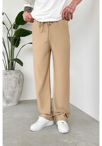 Bej Beli Lastikli Fitilli Baggy Pantolon Bej