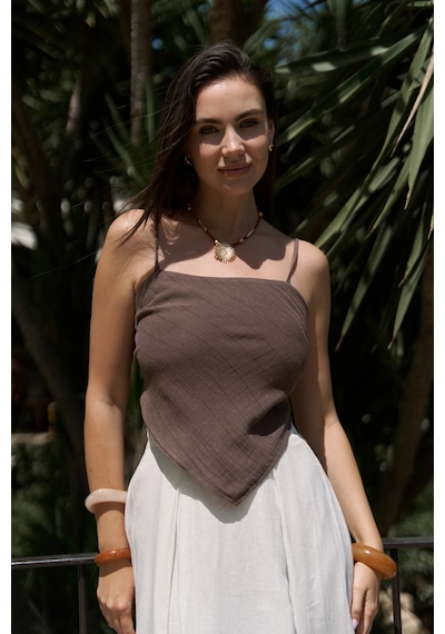 Mai Collection Mai Studios Co. Kita Üçgen Detay Çizgili Kahve Keten Crop Kahve