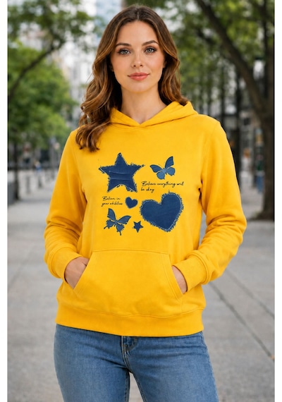 Herkesemoda Kot Efektli Baskılı Kapüşonlu 2 İplik Şardonlu Sweatshirt Sarı