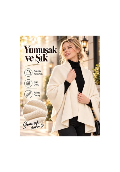 Comerciante Krem Düz Triko Kadın Omuz Şalı Yumuşak Dokulu Kışlık Şal 70x175 Cm %100 Akrilik Ekru - 930337046 Ekru