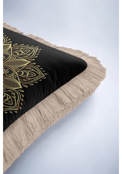 Mandala Motifli Saçaklı Yastık Kılıfı - Lüks Bohem Siyah Altın Renkli Püsküllü Kırlent Kılıfı Yosunlu Koyu Gri Mandala Motifli Saçaklı Yastık Kılıfı - Lüks Bohem Siyah Altın Renkli Püsküllü Kırlent Kılıfı Yosunlu Koyu Gri