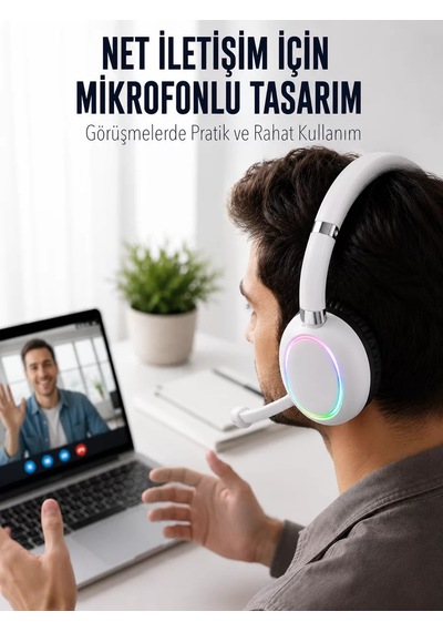 Bluetooth 5.0 Beyaz Kulak Üstü Kablosuz Kulaklık Mikrofonlu Rgb A