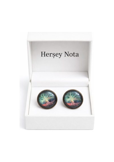 Galaksi Nebula Desenli Yuvarlak Bronz Renk Küpe Unisex Çok Renkli