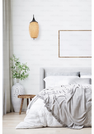 Boja Bambu Siyah Detay Aplik 23x37 Cm İskandinav, Modern, Bohem, Rattan, Aydınlatma Bej