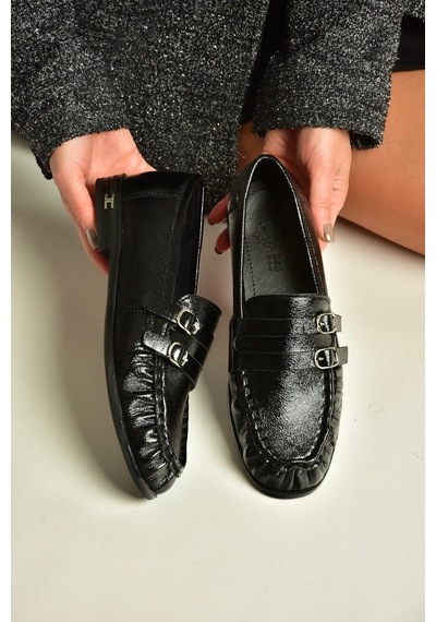 Fox Shoes Z820024208 Siyah Rugan Büzgü Detaylı Çift Tokalı Loafer Ayakkabı